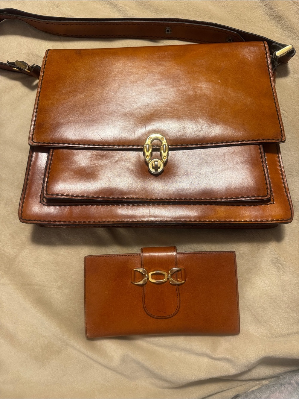 Made in Italy Structured Cognac Brown Leather Shoulder Bag with Matching Wallet